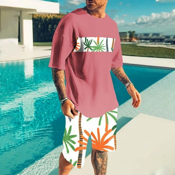 Njoeus Men's Fashion 2 Piece Tracksuit Sets Summer Vacation Outfits for Men Casual Printed Short Sleeve Hawaiian Shirt and Shorts Suit 2X 3X 4X Clearance Pink