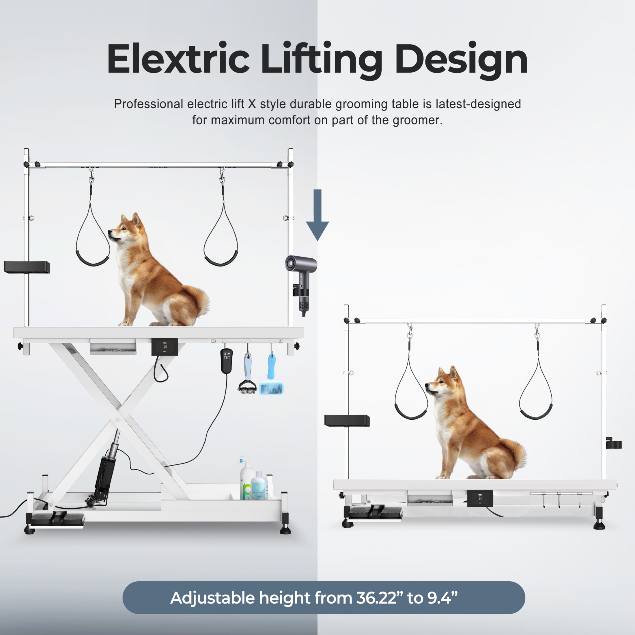 Noble House Professional Electric Pet Grooming Table, Height Adjustable, Heavy Duty Lift Table with Double Arms, White