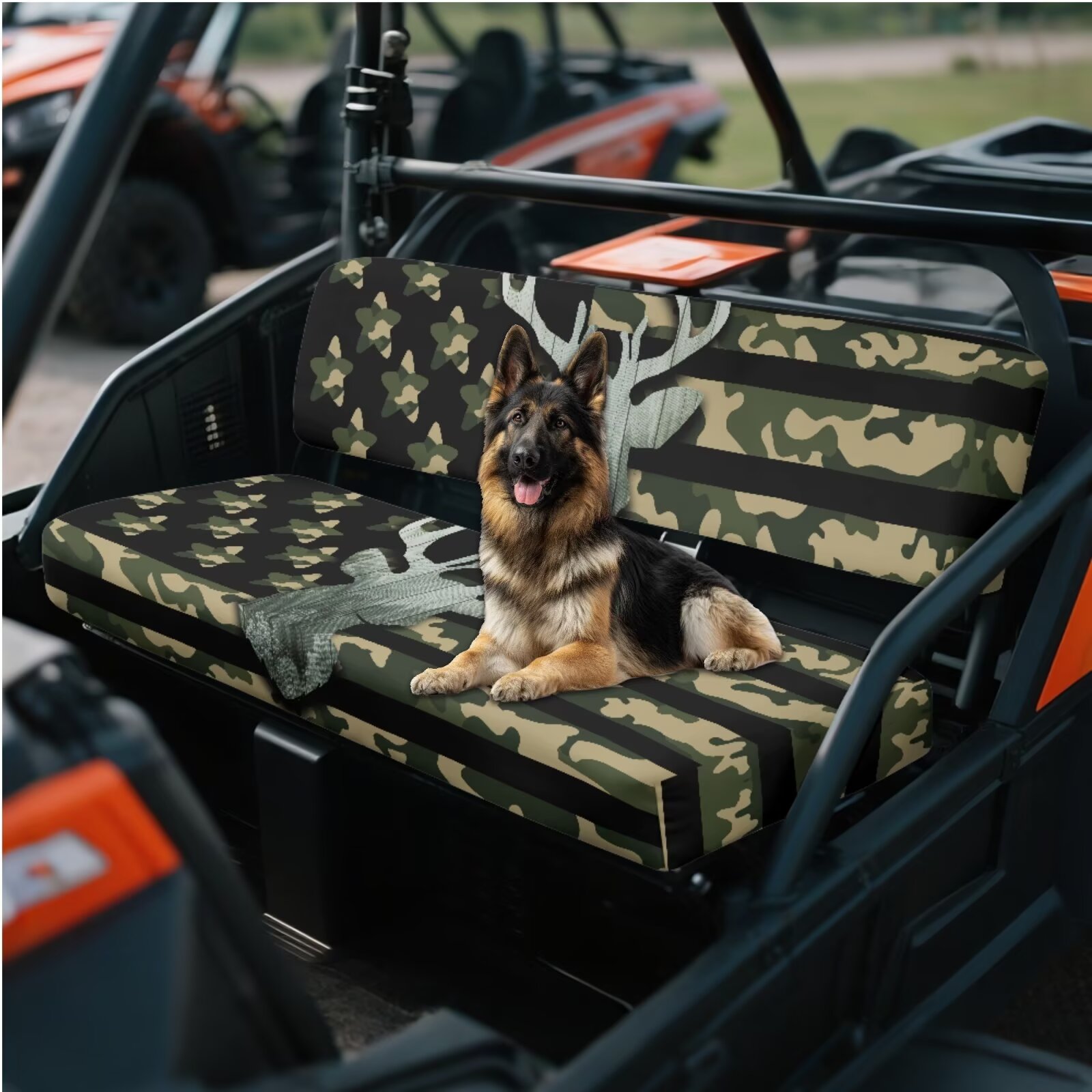Binienty UTV Dog Seat Covers Compatible With Kawasaki Mule 300 3010 3020 4000 4010 Comfortable Heavy Duty American Flag Elk Camo UTV Seat Cover Set for Kawasaki Mule Outdoor Accessories