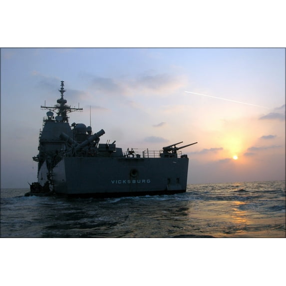 24"x36" Gallery Poster, guided-missile cruiser USS Vicksburg (CG 69) Persian Gulf sunset