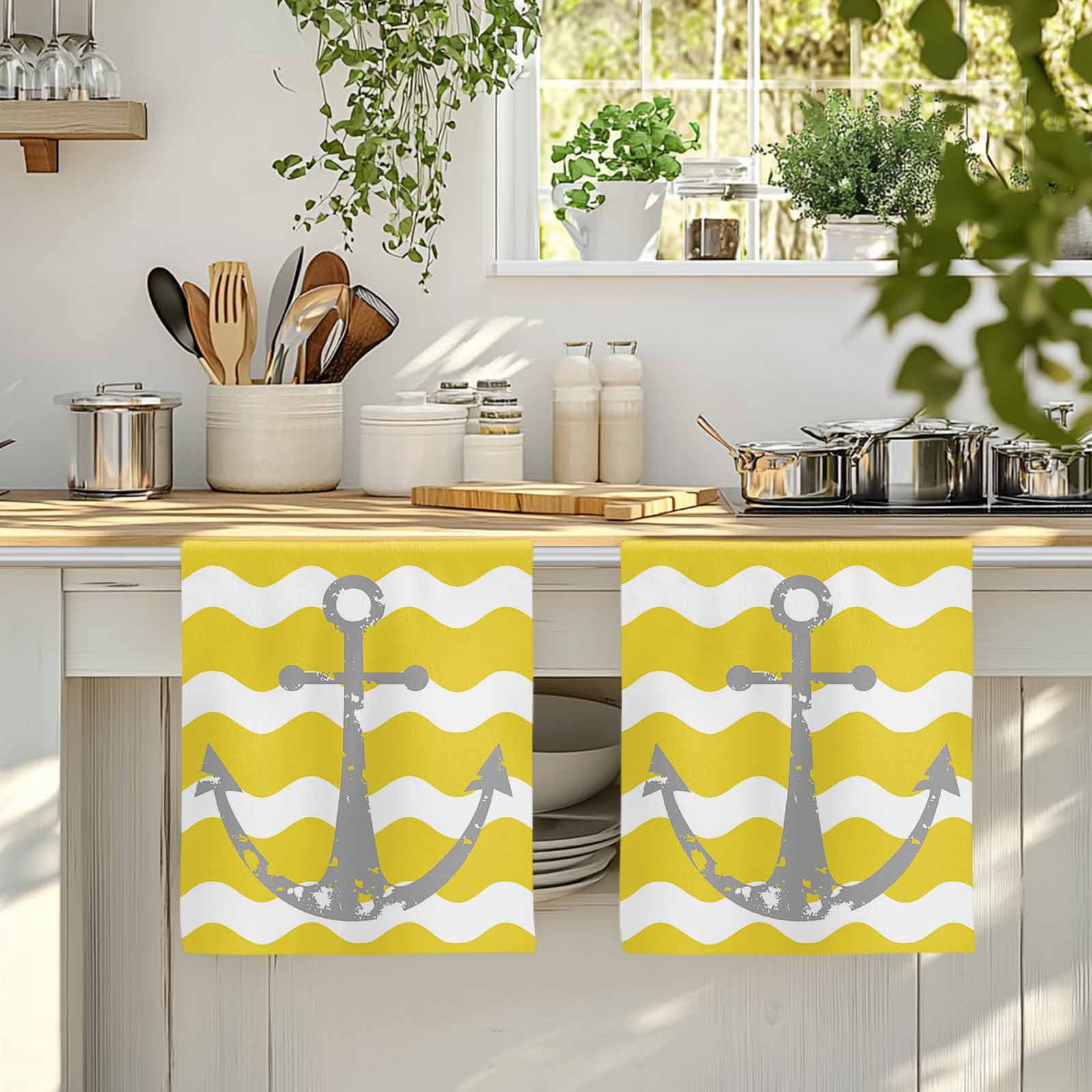 Dish Towels, Nautical Anchor Absorbent Kitchen Towels 2 PCS, Yellow and White Wave Stripes Microfiber Hand Towels Dish Cloths Tea Towels for Home&nbsp;Bathroom Cleaning Drying,18X28-Inch,