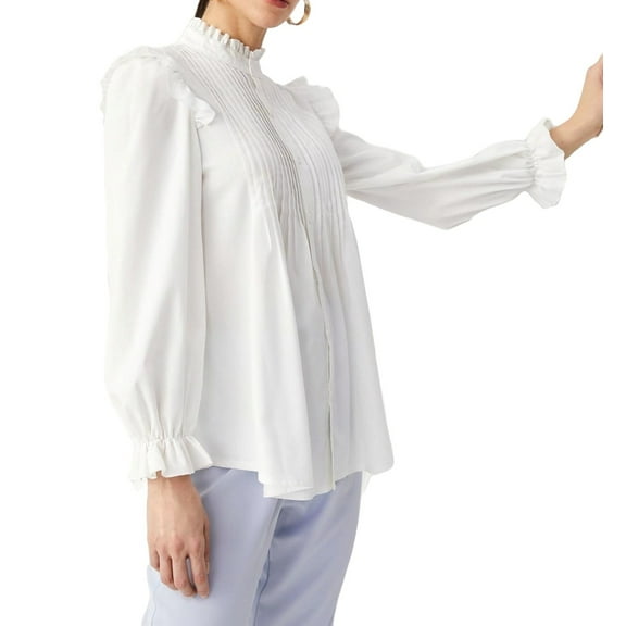 Elegant Plain Top Stand Collar White Long Sleeve Women's Blouses S (4)