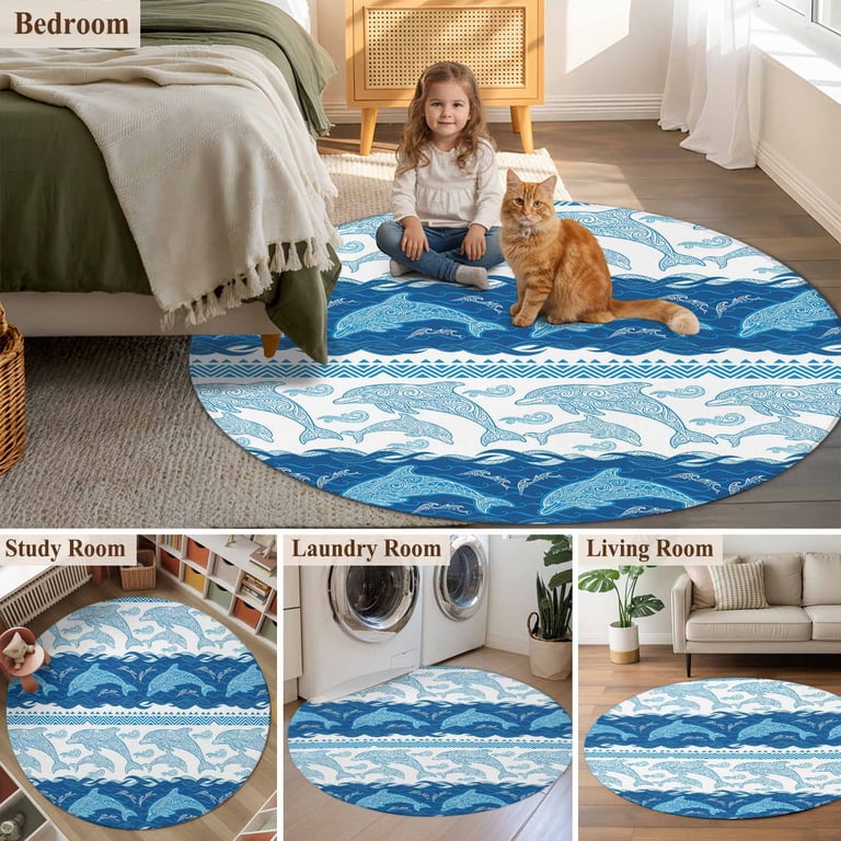 Round Area Rugs Collection 6 Ft, Summer Dolphin Non-Slip