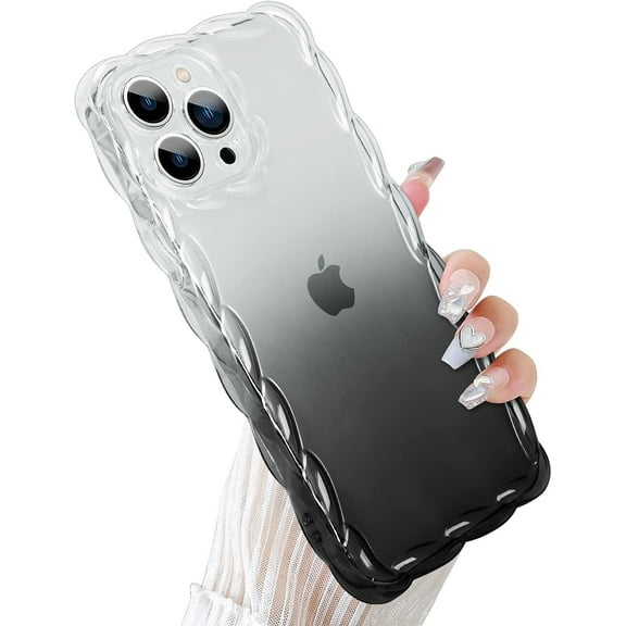 Compatible with iPhone 13 Pro Max 2022 6.7'' Cute Transparent Shockproof Phone Case, Cute Luxury Curly Wavy Border Soft for Girls Women Phone Case (Gradient Black)