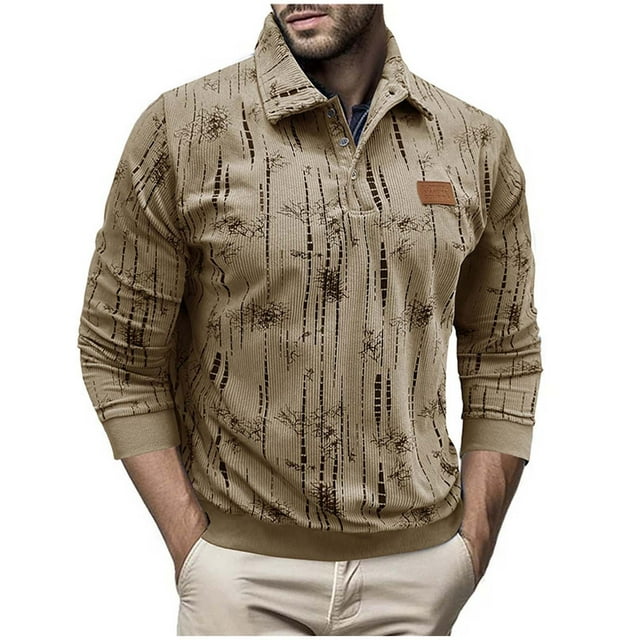 Long Sleeve Workout Top Men Solid Button Half Cardigan Flip Collar Leather Label