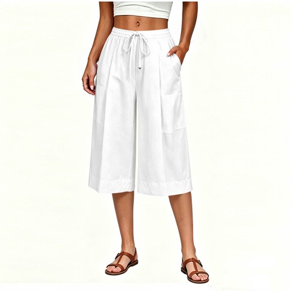 Trikvn Wide Leg Capri Pants For Women High Waisted Drawstring Culottes Casual Cropped Trousers With Pockets Lightweight Flowy Summer Beach Loungewear