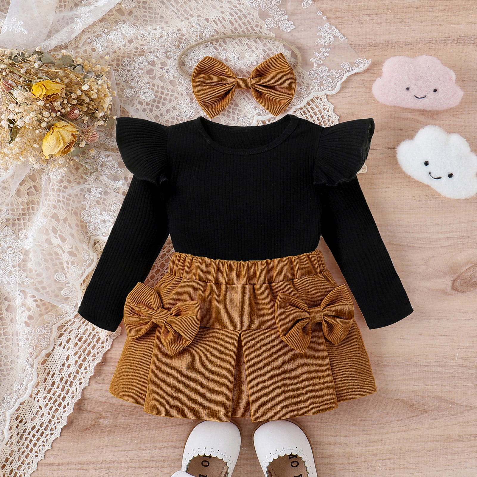 IWEMEK Infant Girls Outfit Winter Ruffle Long Sleeve Knitted Shirts Coffee Bowknot Mini Skirts School Clothes 3-12M