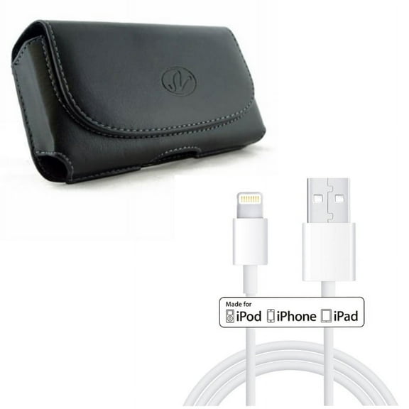 6ft MFi USB Cable w Case Belt Clip for iPhone 8/7/6S/6/11 Pro - Certified Charger Cord Power Wire Sync, Leather Holster Cover Loops Pouch for iPhone 8/7/6S/6/11 Pro Models