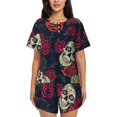 thumbnail image 1 of Xecao Roses Skulls Pattern Women's Short Sleeve Pajama Set Soft Sleepwear Lounge Set with Button Front Top and Drawstring Shorts with Pockets-Small, 1 of 6