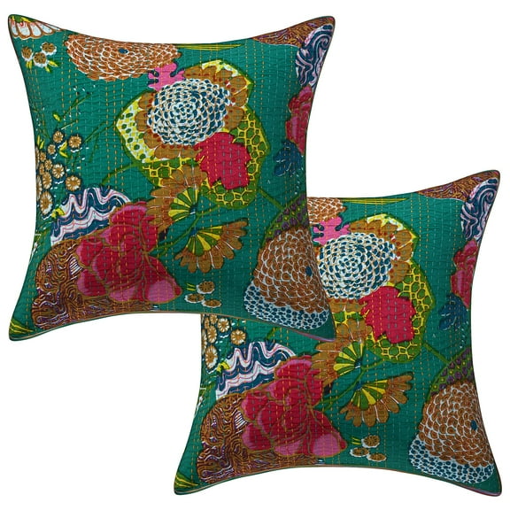 Stylo Culture Indian Settee Sofa Throw Pillow Covers 16 x 16 Kantha Emerald Green Printed 40x40 cm Home Decor Cotton Tropicana Square Cushion Covers | Set Of 2