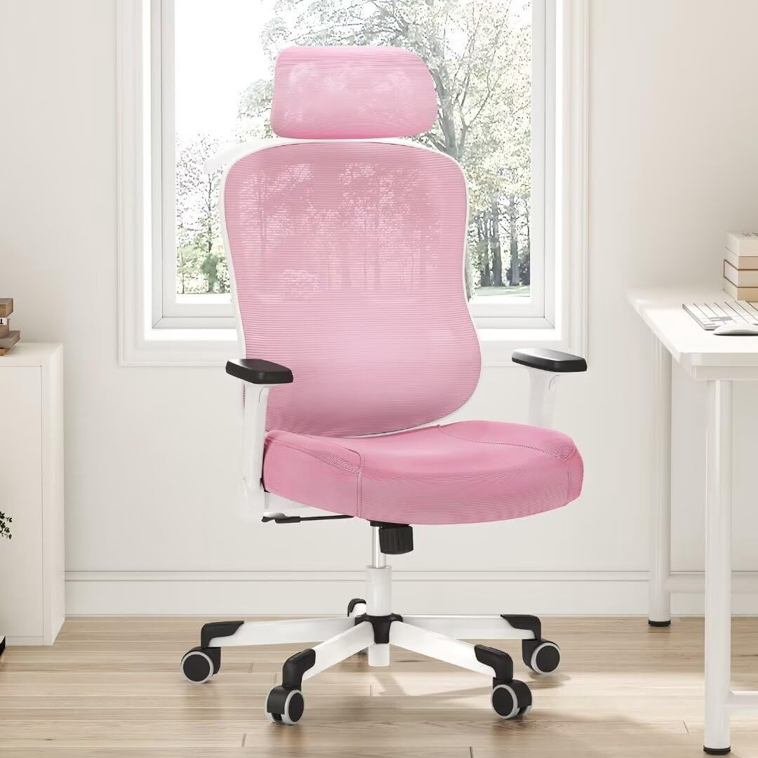 Frelaxbone Adult Mesh High Back Indoor Residential Adjustable Armrest Office Chairs, Caster,  Pink