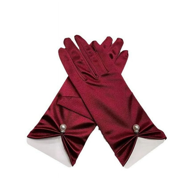 Namzi Gloves 1-Pair Pearl Gloves, Wedding Gloves, Bridal Gloves, Satin Gloves, Elegant Gloves for Formal Weddings, Evenings & Dances,Dark Red