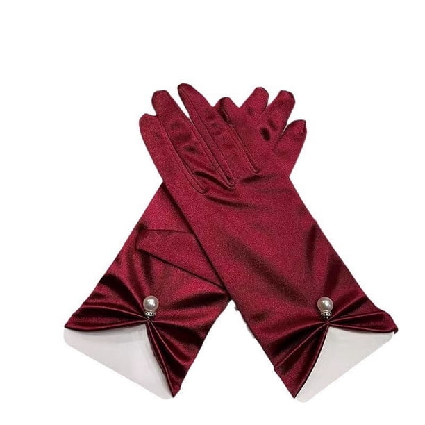 Zhuge Guantes de satén, guantes cortos para mujer, guantes de princesa, para mujeres, niñas, novias, bodas, ópera, banquetes, fiestas de disfraces, rojo oscuro
