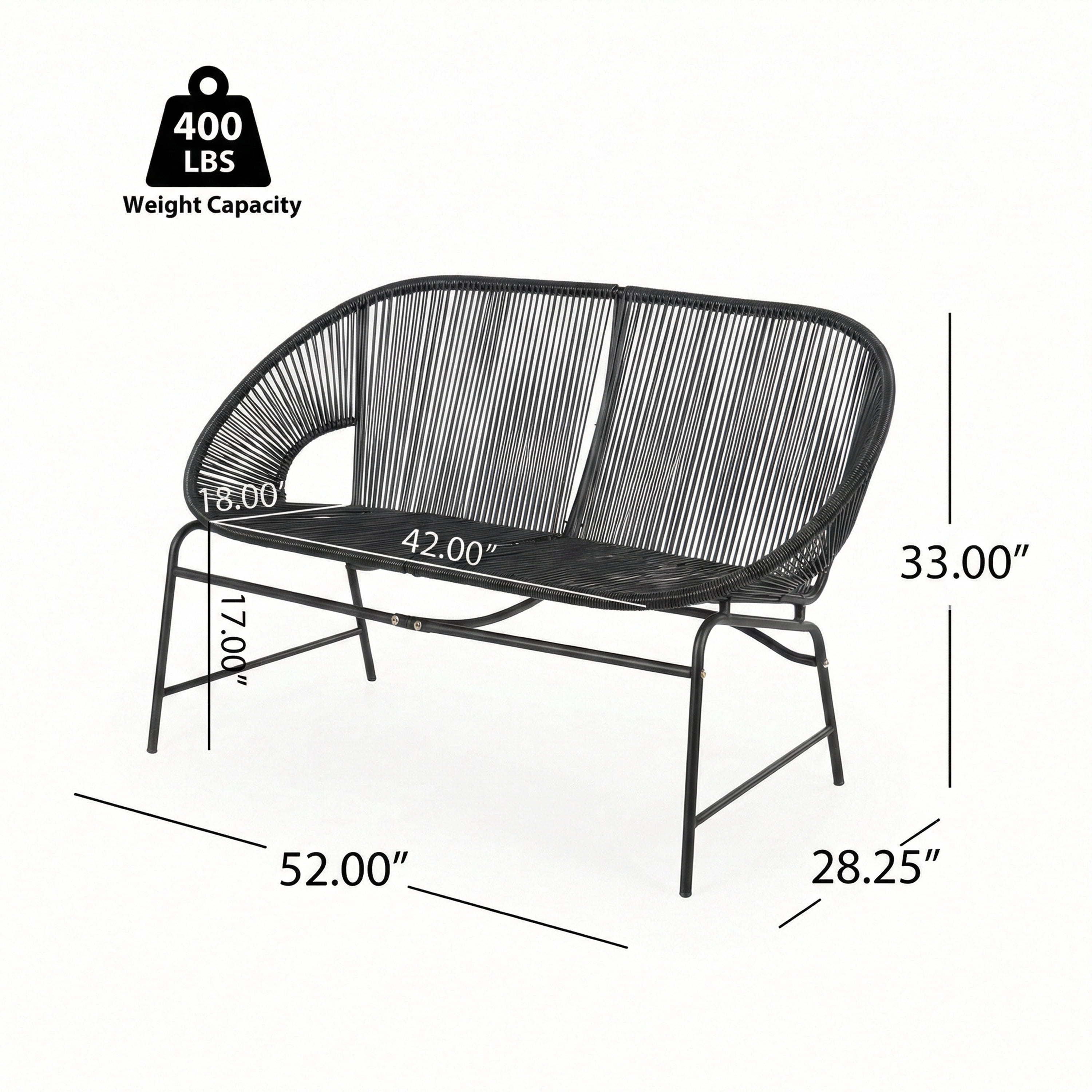 Outdoor PE Rattan Wicker Loveseat with Iron Frame for Porch Garden Balcony, Black