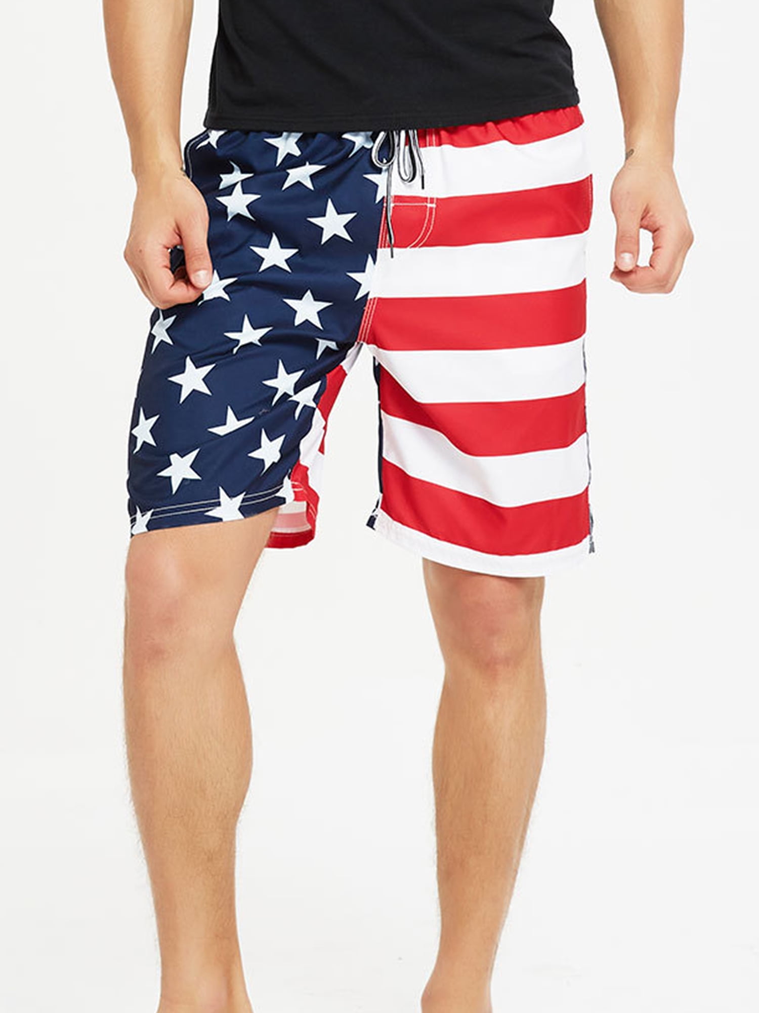 FASUWAVE Mens Swim Trunks Spain Flag with America Flag Quick Dry Beach Board Shorts with Mesh Lining