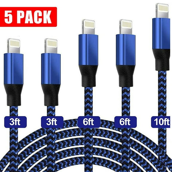 Audessy 5 Pack Charge Cable, 3/3/6/6/10 FT Braided Fast Charging Cord, Compatible iPhone 13/12/11 Pro Max/XS MAX/XR/XS/X/8/7/Plus/6S iPad AirPods, Blue