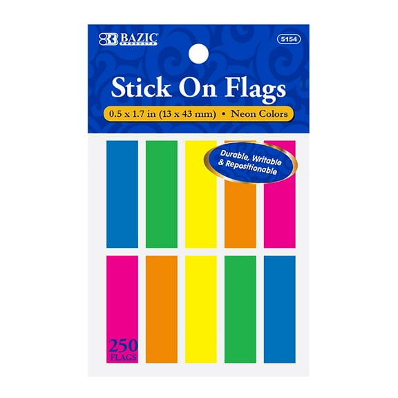 BAZIC Neon Page Markers 0.5x1.7 Neon Index Tabs, (250 Flags/Pack), 1-Pack