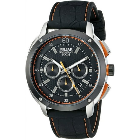 Mens Chronograph Stainless Watch - Black Leather Strap - Black Dial - PT3515