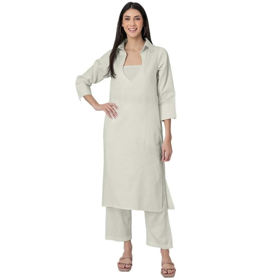Moomaya Exclusive, Stylish 3-Pc Indo-Western Kurta & Pants Set, Designer Cotton Slub Outfit with Pockets