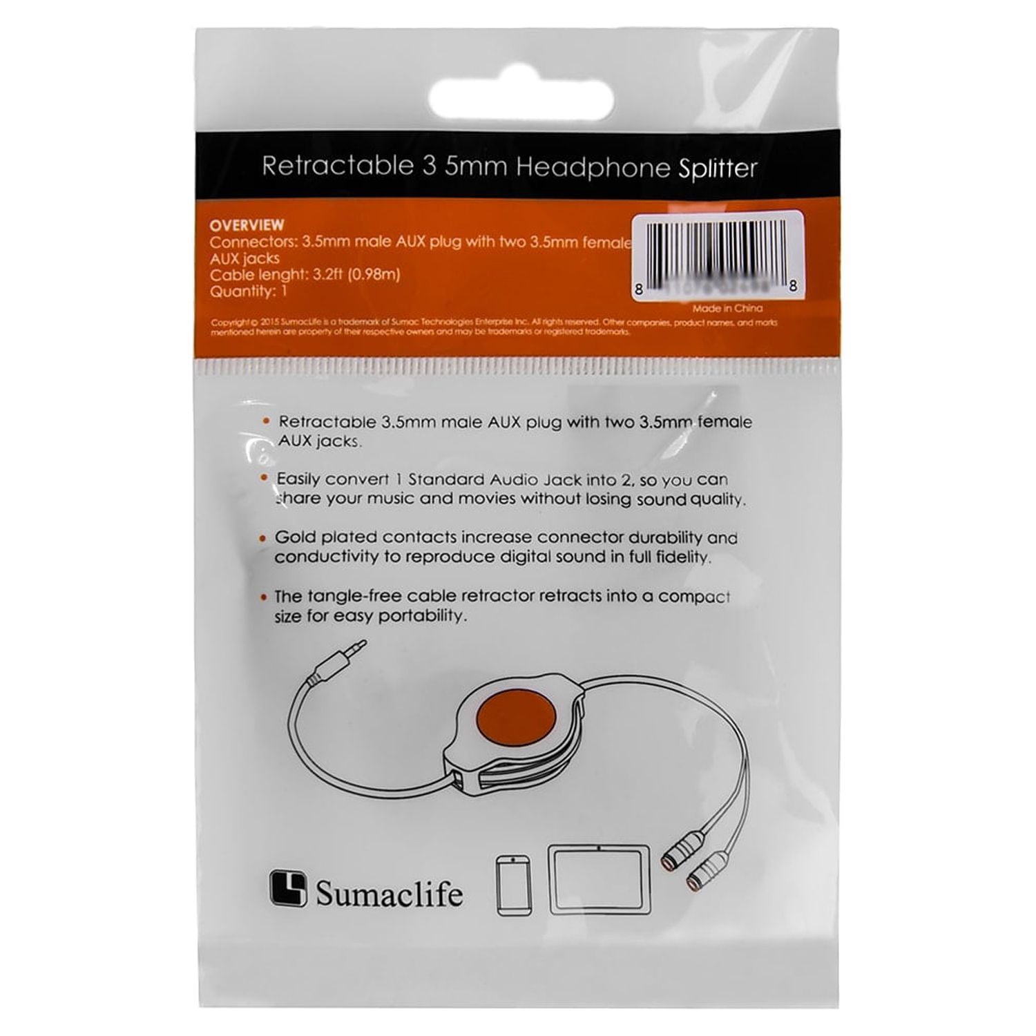 Retractable 3.2 inch Headphone Splitter (3.5mm Male to 2 3.5 mm Female) Cable [Ideal for phones, laptops, tablets, etc.]