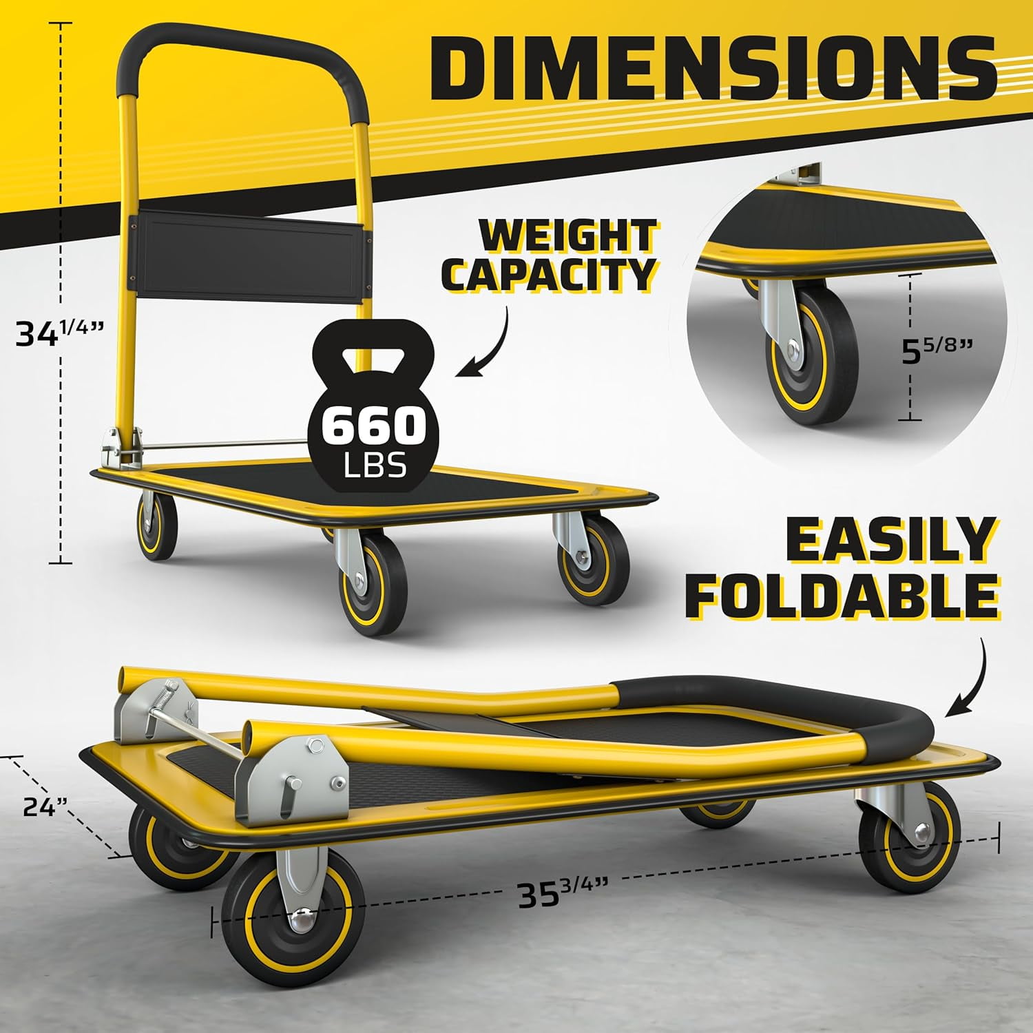 CheckOutStore (1) Heavy-Duty Collapsible Push Cart Dolly - 660 lbs Capacity Foldable Flatbed Hand Truck with Handle (Yellow)