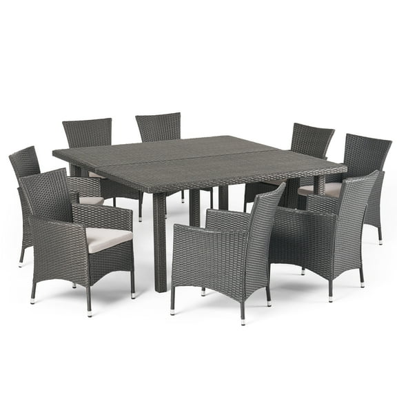 GDF Studio Rolando Outdoor Wicker 9 Piece Square Dining Set, Gray and Light Gray