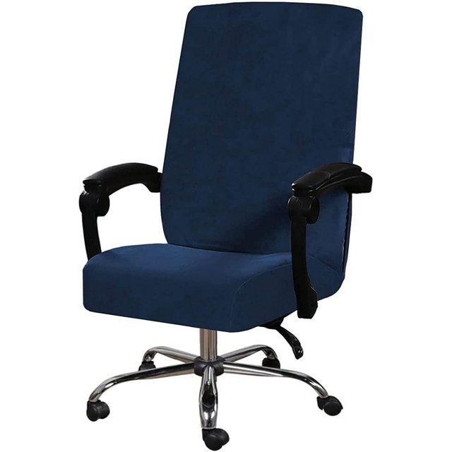 Office Chair Cover with Armrest Covers Stretch Soft Velvet Computer Desk Chair Slipcover Boss Swivel Chair Covers Protector L Navy