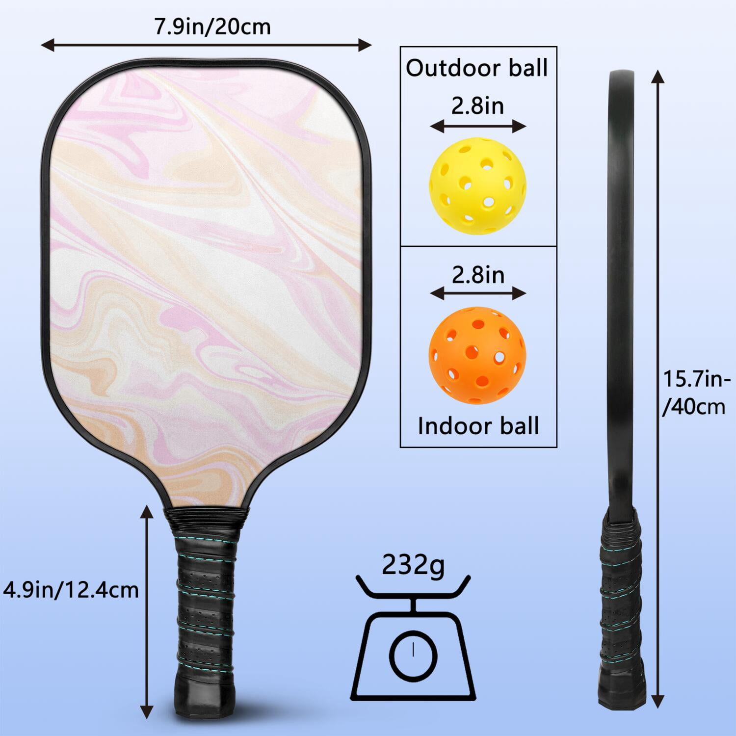 Pickleball Paddles Set Of 2, Fiberglass Surface, Liquid & Marble Print, 4 Balls & Bag