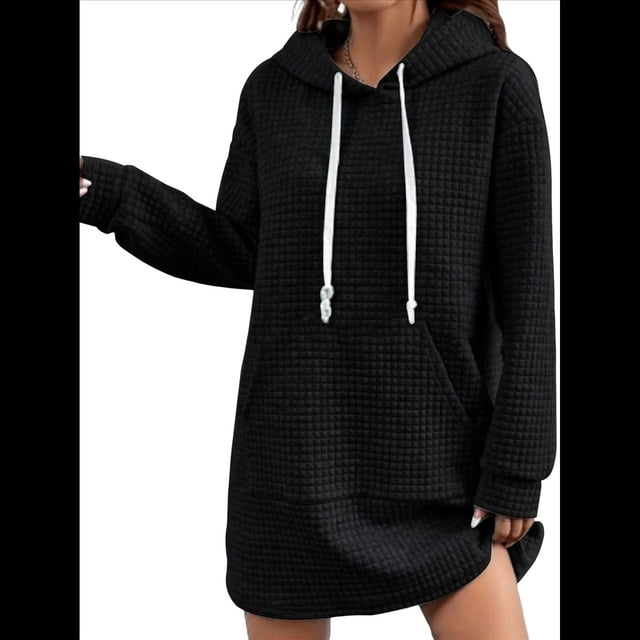 Suéter Deportivo Holgado con Capucha y Bolsillos para Mujer, Informal, de Larga, con Cordón y Diseño de Gofres Negro L
