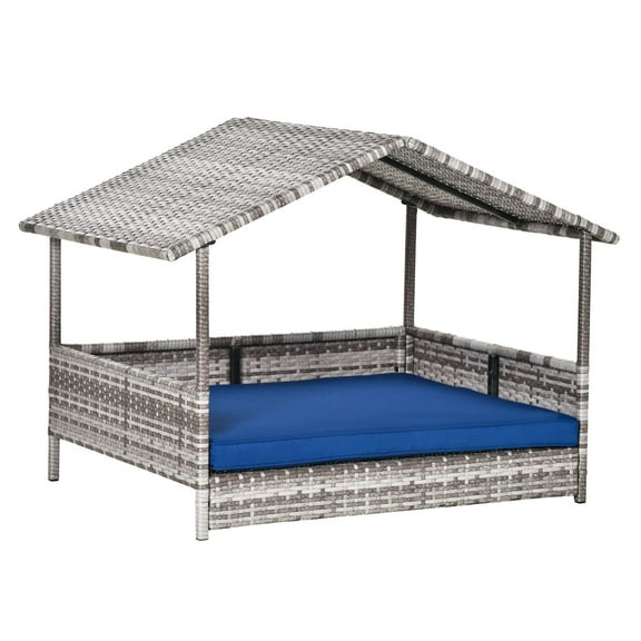 COCOKUN Pet House Wicker with Water-Resistant Removable Cushions & Elevated Bottom, Rattan Bed for Indoor Outdoor, Durable for Pets, Comfortable, Dark Blue
