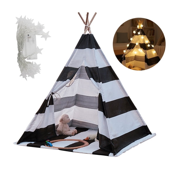 Yolispa Teepee Tent for Kids with Carry Bag, 55" Washable Playhouse with String Lights and Banner for Indoor Use, Ideal Play Tent for Girls and Boys, Stripe Black