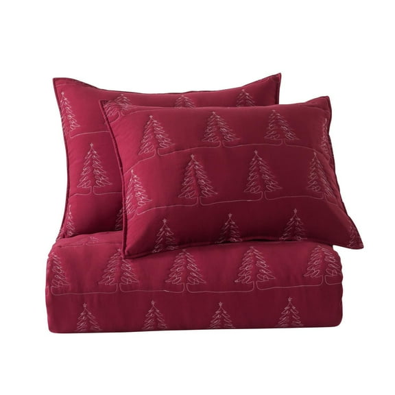 JANEEN HOME RED AND WHITE CHRISTMAS TREE QUEEN HOLIDAY QUILT 3PC BEDDING SET