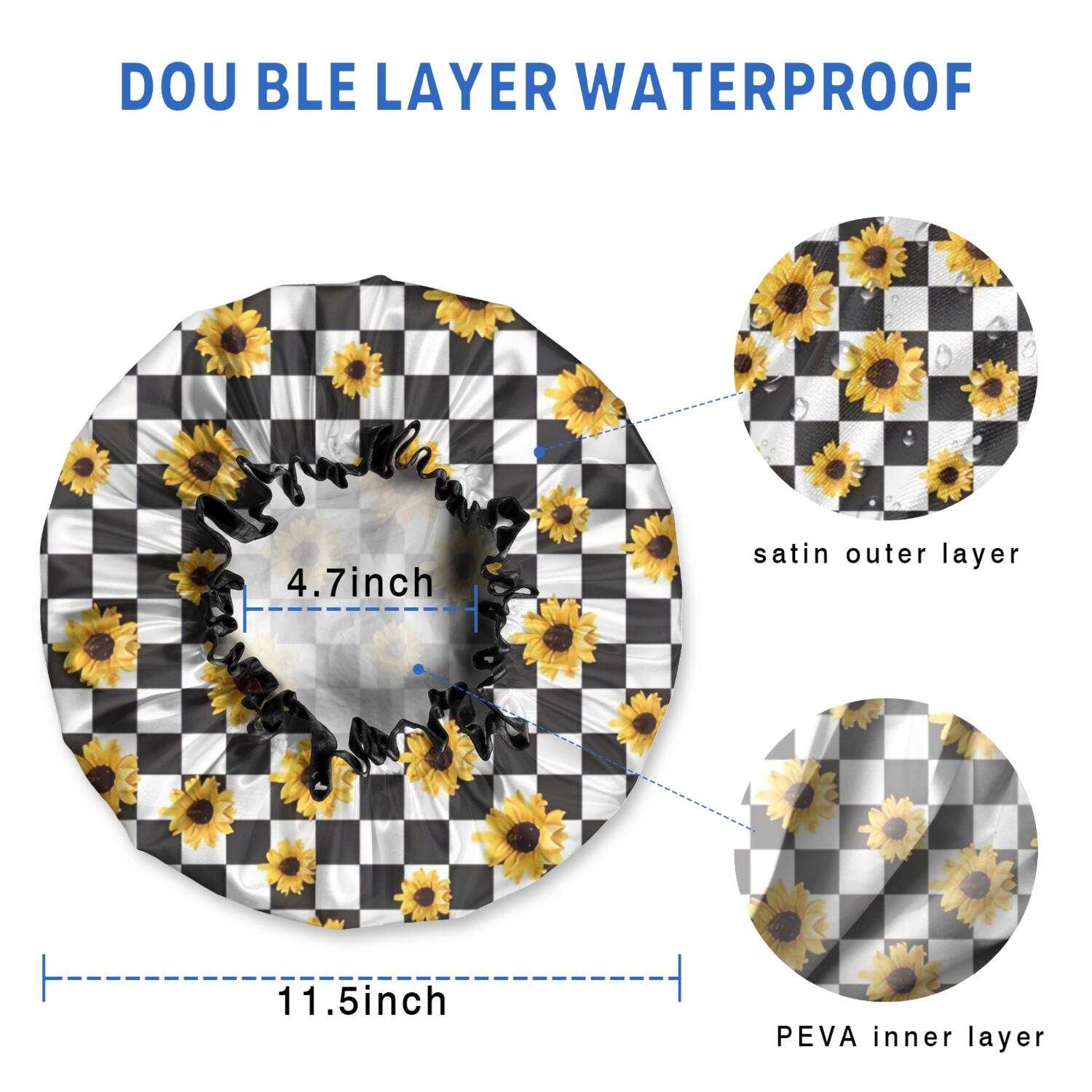 Shower Caps,Black White Checker Sunflower Pattern Waterproof Shower Cap for Women 4 Pieces,Double Reusable Hair Cover for Shower PEVA Elastic Stretch Hem