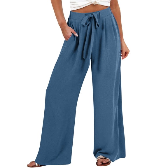 Blue Womens Sweatpants Women's Linen Wide Leg Pants Casual Loose High Waist Beach Haren Pants Pockets Casual Pants Women