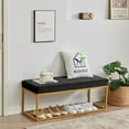 thumbnail image 5 of Velvet Metal Bench, Upholstered End of Bed Bench with Metal Frame, Modern Tufted Channel Entryway Bench with Padded Seat for Living Room, Bedroom, Dining Room, Black, 5 of 8