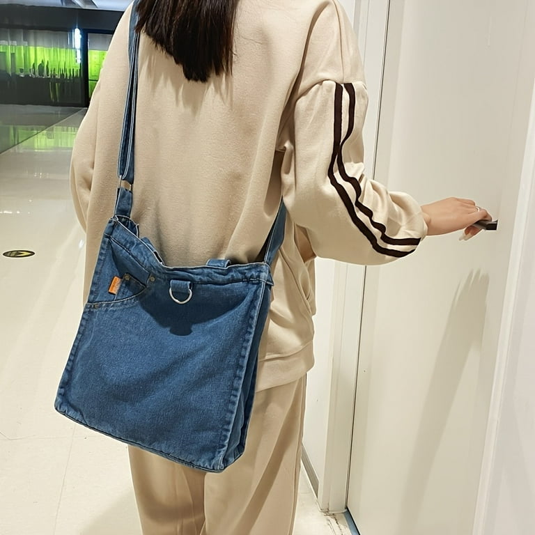 Denim Tote Bag for women bleached jean purse Large Capacity Zipper Shoulder  Bag with Adjustable Strap for Students
