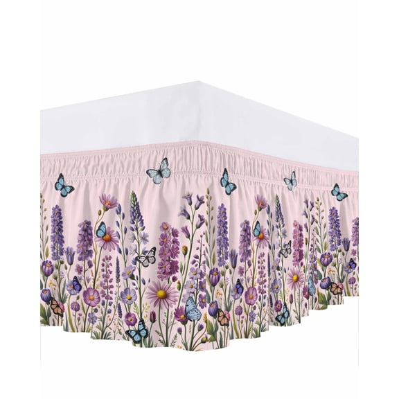 Purple Floral Bed Skirt California King Size 18 Inch Drop, Spring Lavender WildFlower Blue Butterfly Gradient Pink Adjustable Elastic Dust Ruffles Bedskirt Wrap Around Pleated Mattress Frame Cover