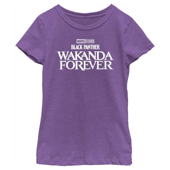 Girl's Black Panther: Wakanda Forever Black and White Movie Logo Graphic Tee Purple Berry Small