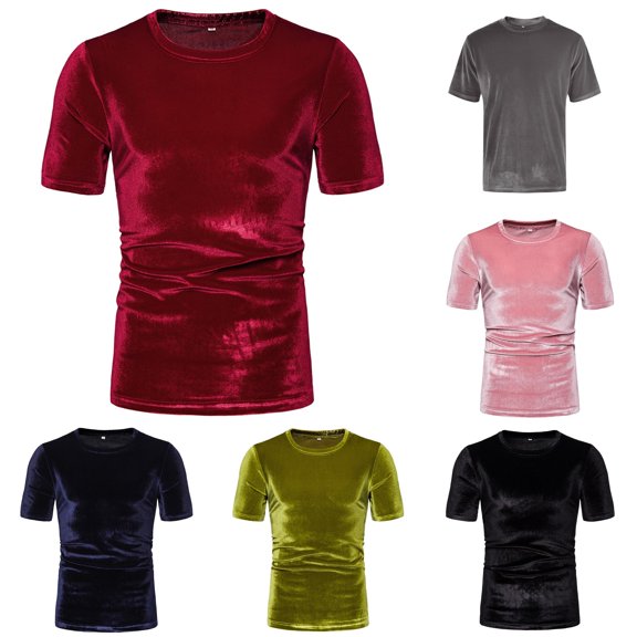FINALGANG Mens Crew Neck Velvet Solid Color Short Sleeve T-Shirts Slim Fit Evening Party Club Fashion Casual Tees For Daily Wear Classic Top M