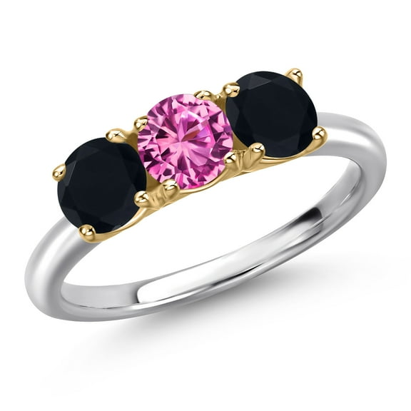 Gem Stone King 10K Two Tone Gold Pink Created Sapphire and Black Onyx Engagement Ring for Women | 1.50 Cttw | Round 5MM | Gemstone September Birthstone | Size 6