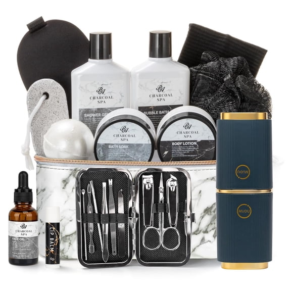 Cesta de regalo de baño para hombres y mujeres, 23 piezas, kit de spa casero de lujo de carbón para padre y madre, kit de spa en bolsa de cosméticos, regalo de cumpleaños para el día del padre para Na