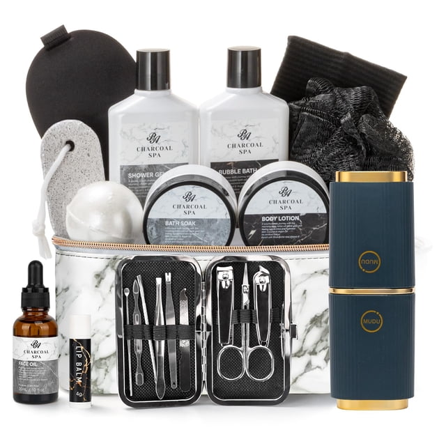 Cesta de regalo de baño para hombres y mujeres, 23 piezas, kit de spa casero de lujo de carbón para padre y madre, kit de spa en bolsa de cosméticos, regalo de cumpleaños para el día del padre para Na