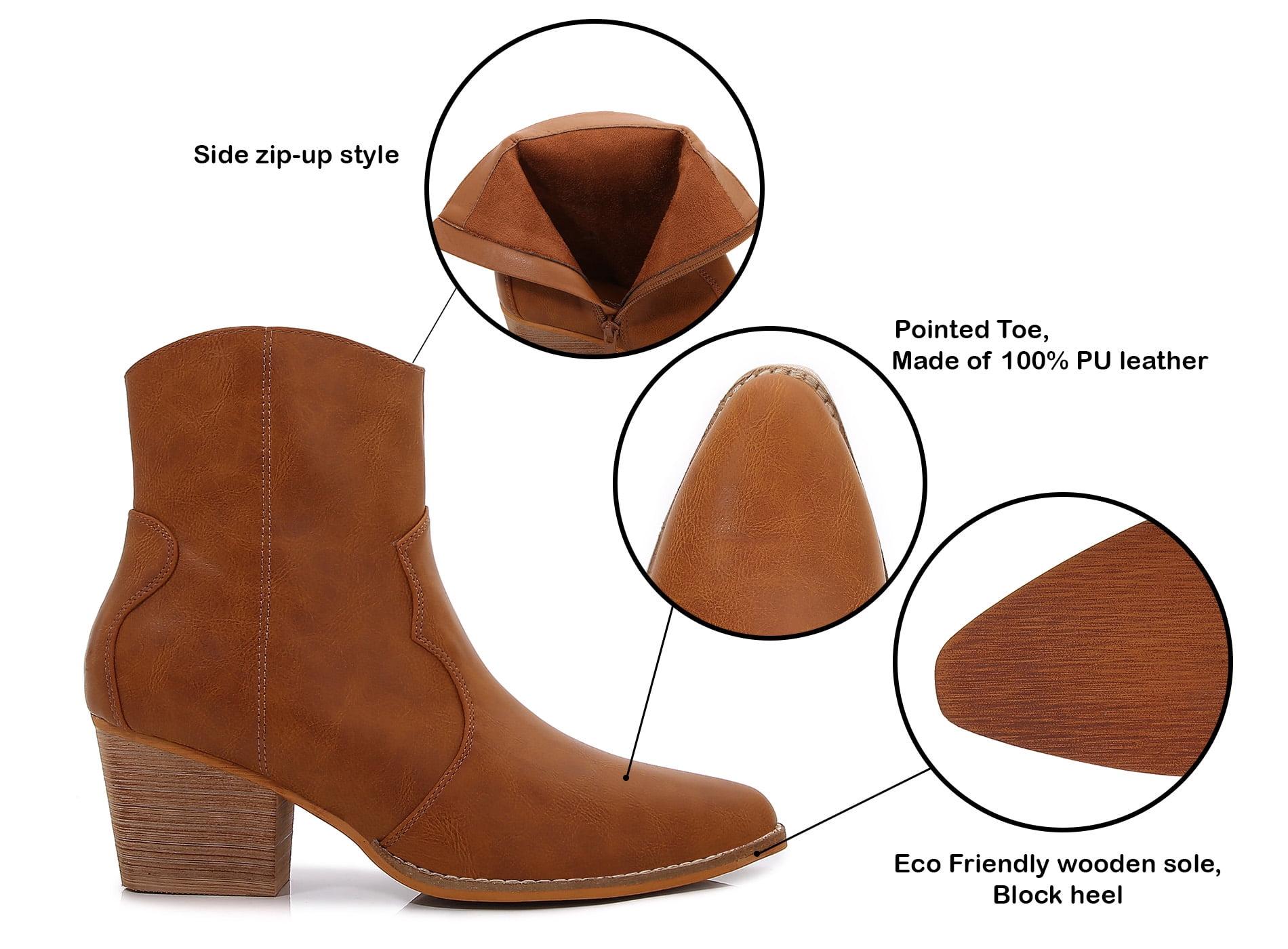 Women PU Leather Stacked Block Heel Western Cowboy Ankle Zip Up Boots (Camel / 10)