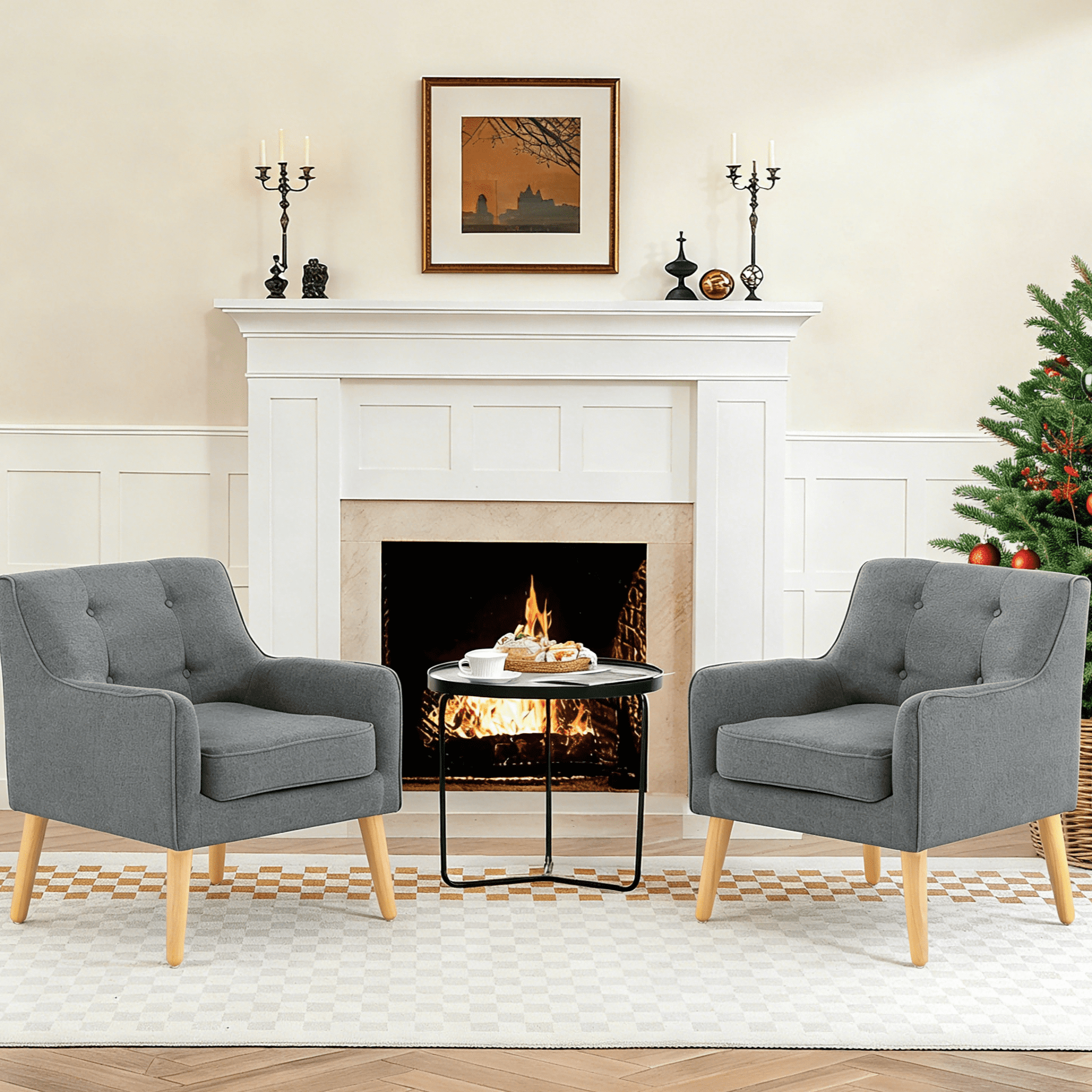 Gewnee 24.41" Linen Upholstered Accent Chair Solid Wood Frame for Living Room Bedroom Dark Grey