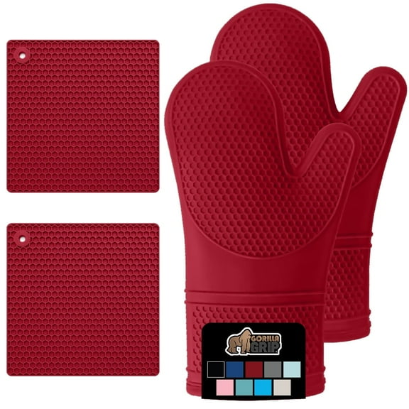 GORILLA GRIP Heat and Slip Resistant Silicone Oven Mitts and Trivet Set, Waterproof, Set of 4, Red