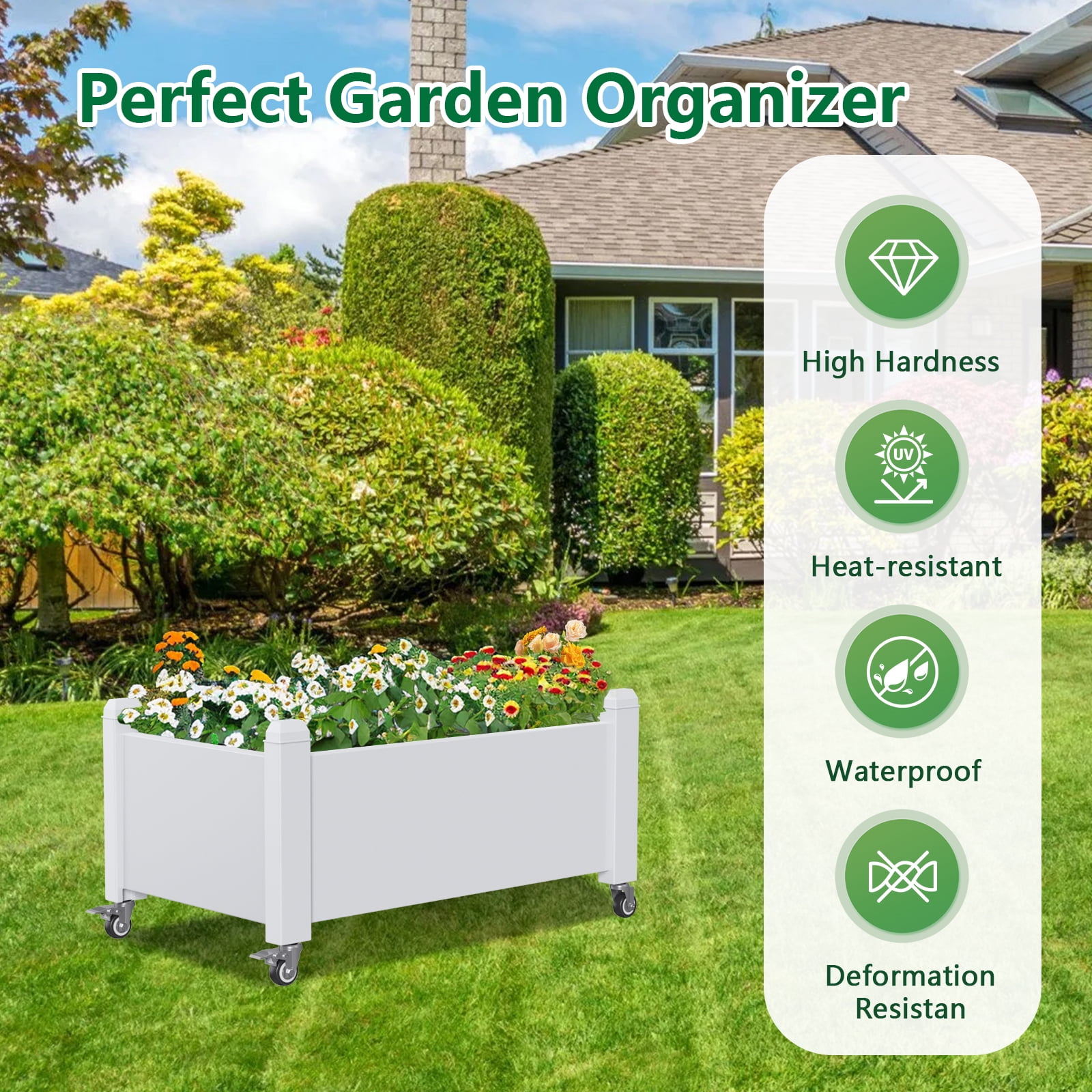 Joxxoaa Raised Garden Bed with Wheels,Self-Watering Raised Planter Box with Drainage Plug & Gauge for Vegetables Flowers Herbs Succulents, Rustproof Resin for Backyard Patio Porch (White)
