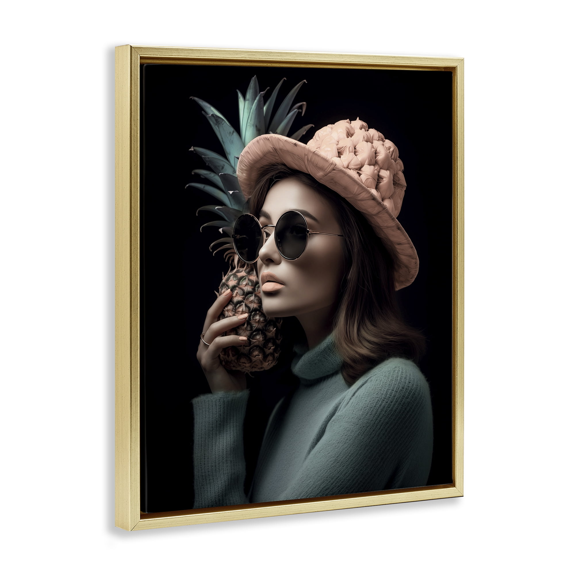 Stupell Industries Chic Girl with Pineapple Novelty Painting Gold Floater Framed Art Print Wall Art, 25 x 31