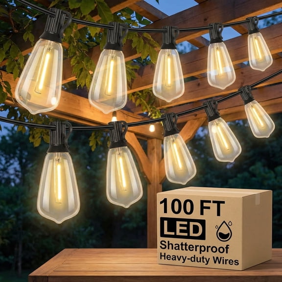 Nordic Hygge LED Outdoor String Lights 100FT Patio Lights with 52 Shatterproof ST38 Vintage Edison Bulbs