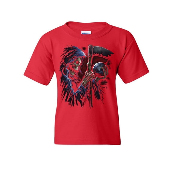 Tee Hunt Reaper Sphere Scythe Youth T-Shirt Death Skull Creepy Scary Monster, Red, Small