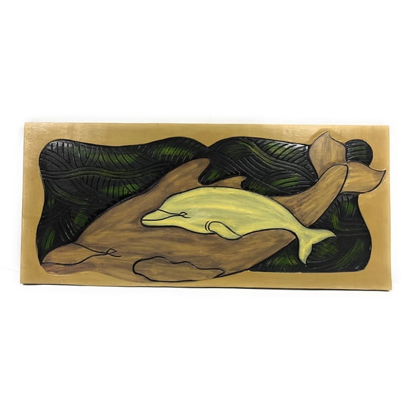 Dolphin w/ Calf, Endangered Species 30" X 15" - Hawaiian Wall Art Wood Panel | #dpt518275